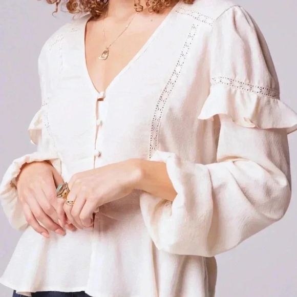NWT B.O.G. Collective Sandy Cream Ruffle Long Sleeve Button Blouse Lace Sz XS - Picture 1 of 11